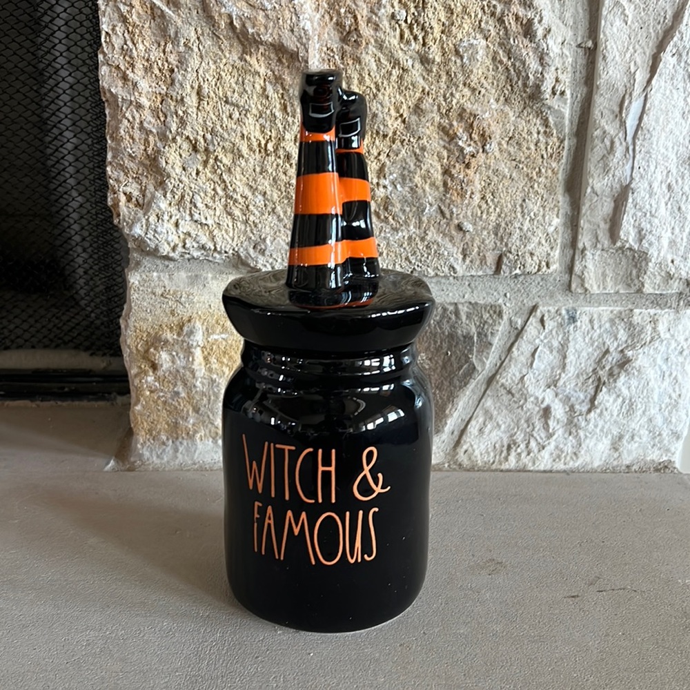 Rae Dunn WITCH & FAMOUS Black Baby Canister With Leg Topper Halloween Brand New